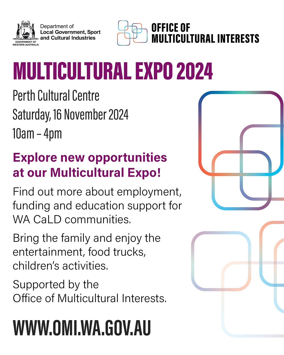 Poster for the Multicultural Expo on Saturday 16 November 2024, 10am to 4pm.