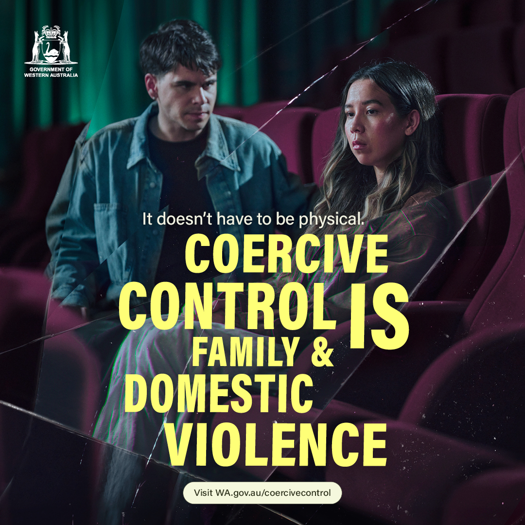 A darkened scene with a man and a unhappy woman, Text reads: Coercive control IS family and domestic violence