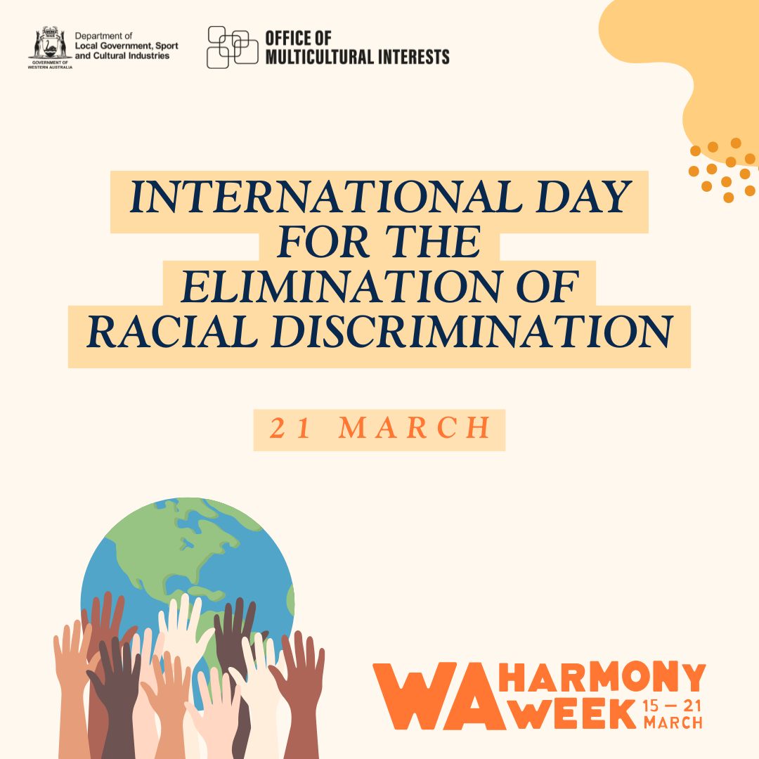 Graphic with hands in front of the world globe.  Text reads International Day of the Elimination of Racial Discrimination 21 March.